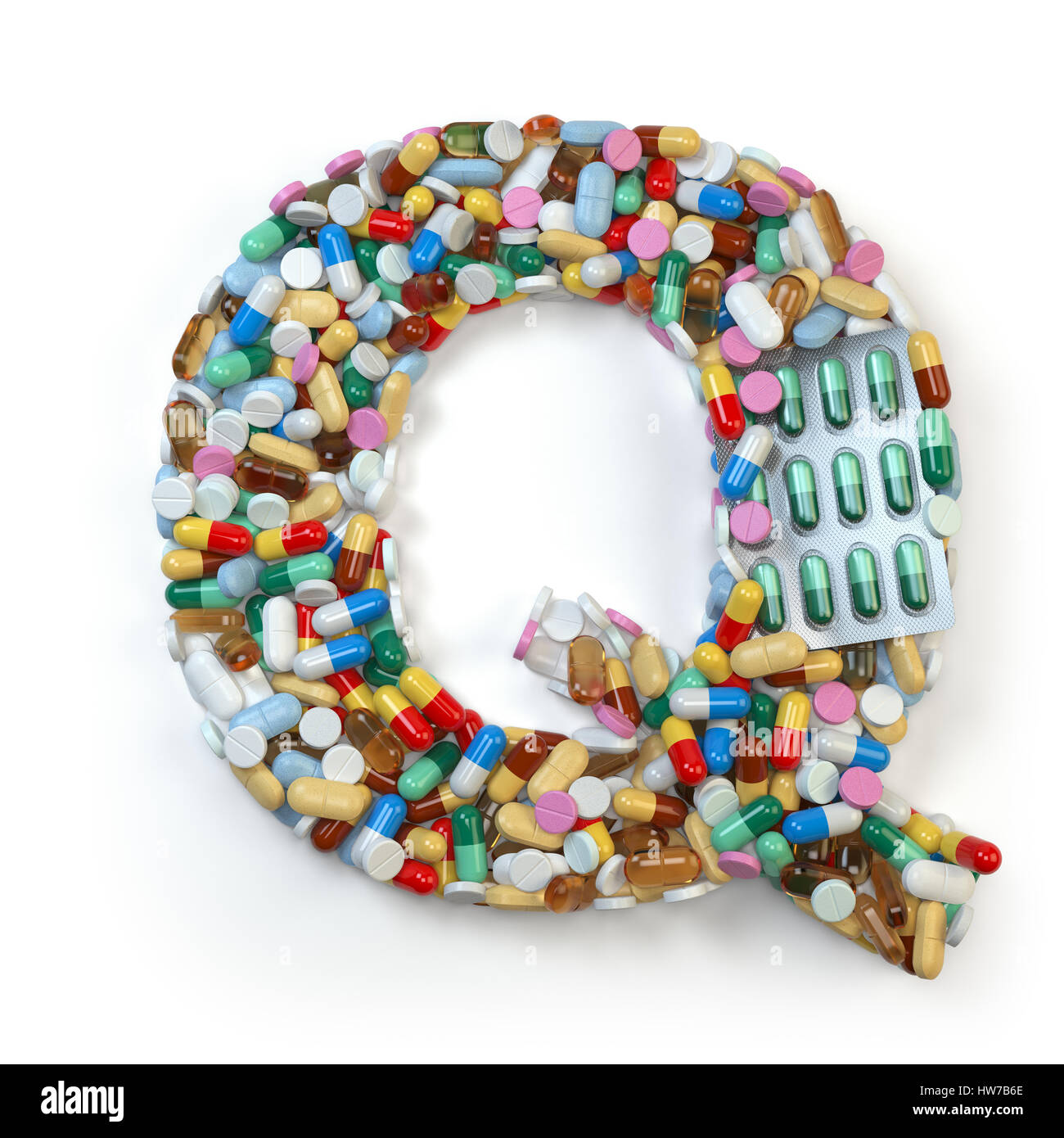 Lettera Q. Set di alfabeto di medicina pillole, capsule, compresse e blister isolato su bianco. 3d illustratio Foto Stock