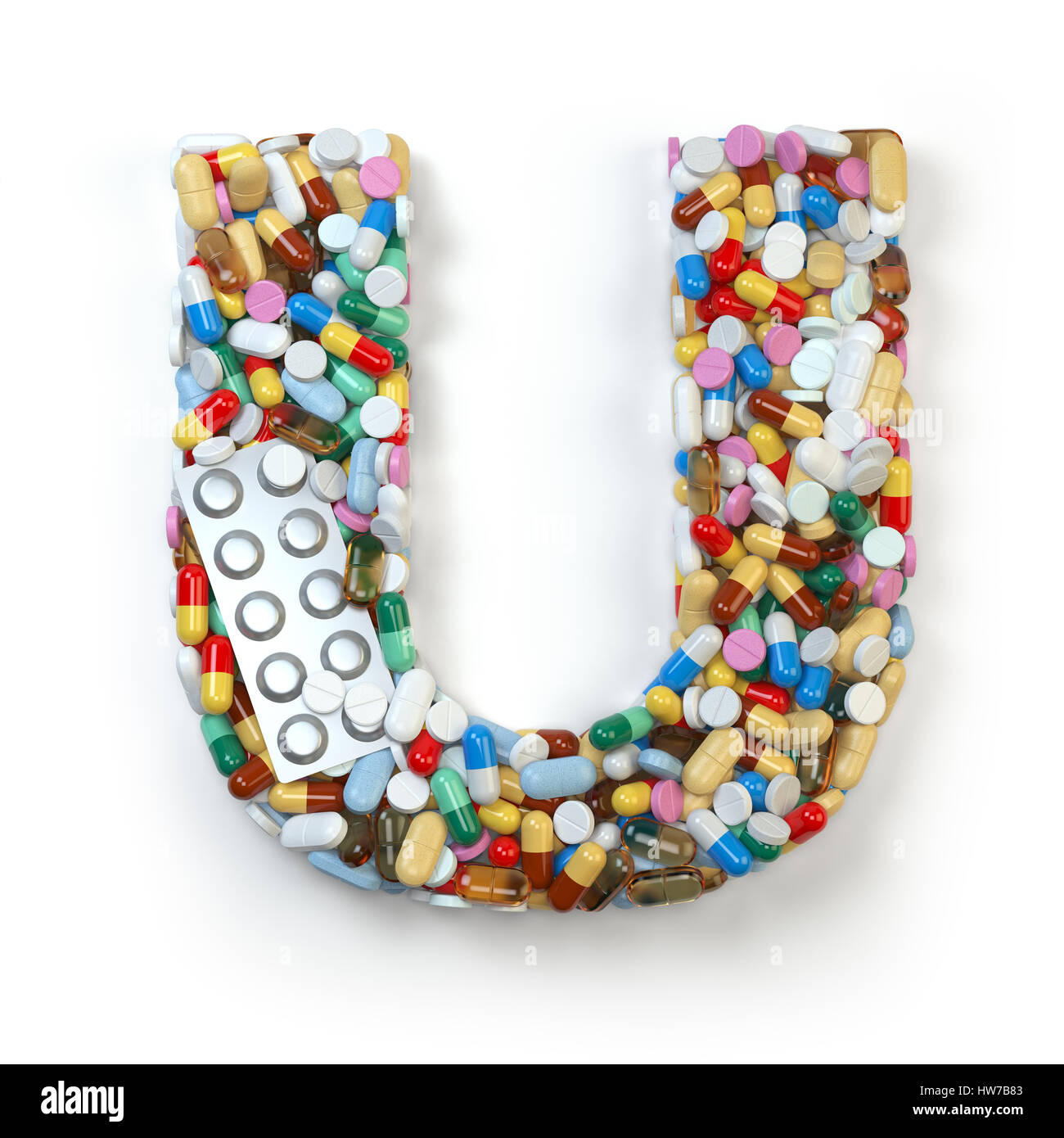 Lettera U. Set di alfabeto di medicina pillole, capsule, compresse e blister isolato su bianco. 3d illustratio Foto Stock