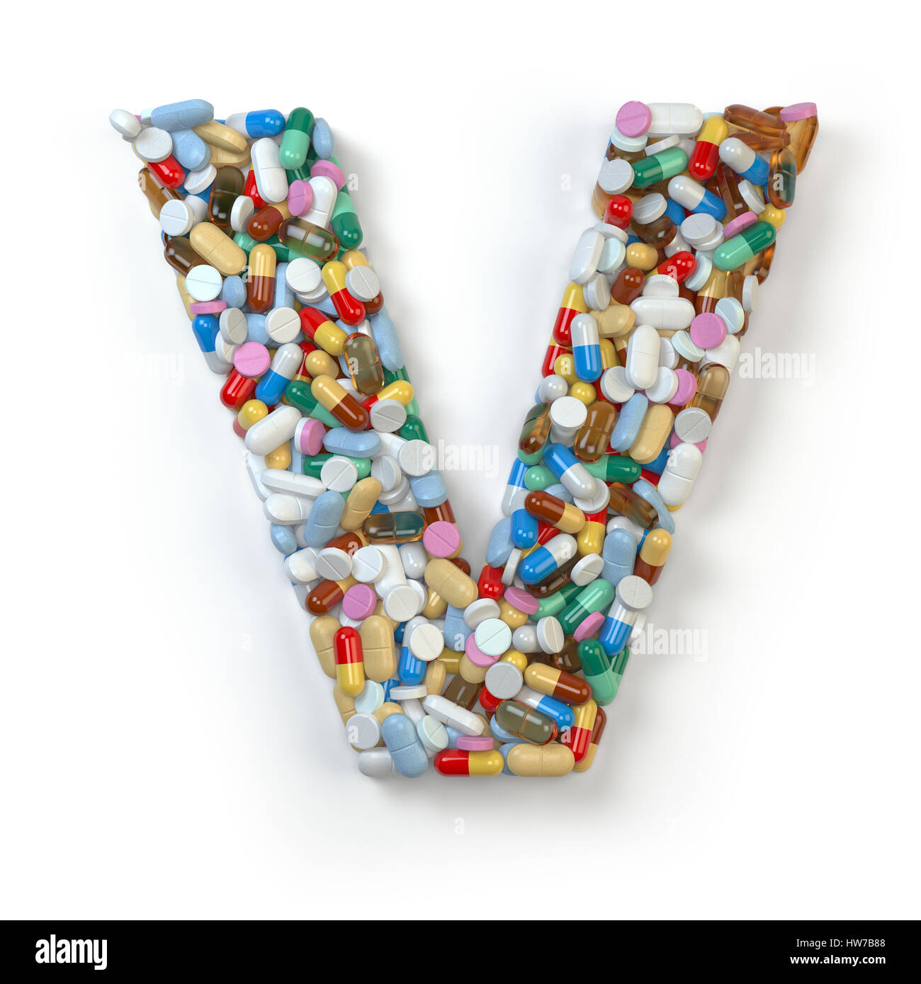 Lettera V. Set di alfabeto di medicina pillole, capsule, compresse e blister isolato su bianco. 3d illustratio Foto Stock