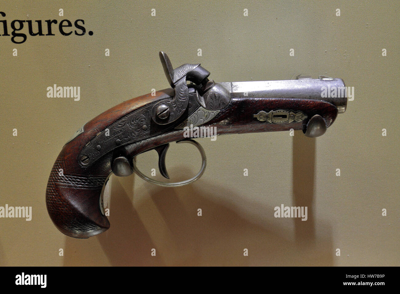 Il Deringer Pocket pistola (.45) sul display in Springfield Armory National Historic Site, Springfield, MA, Stati Uniti. Foto Stock
