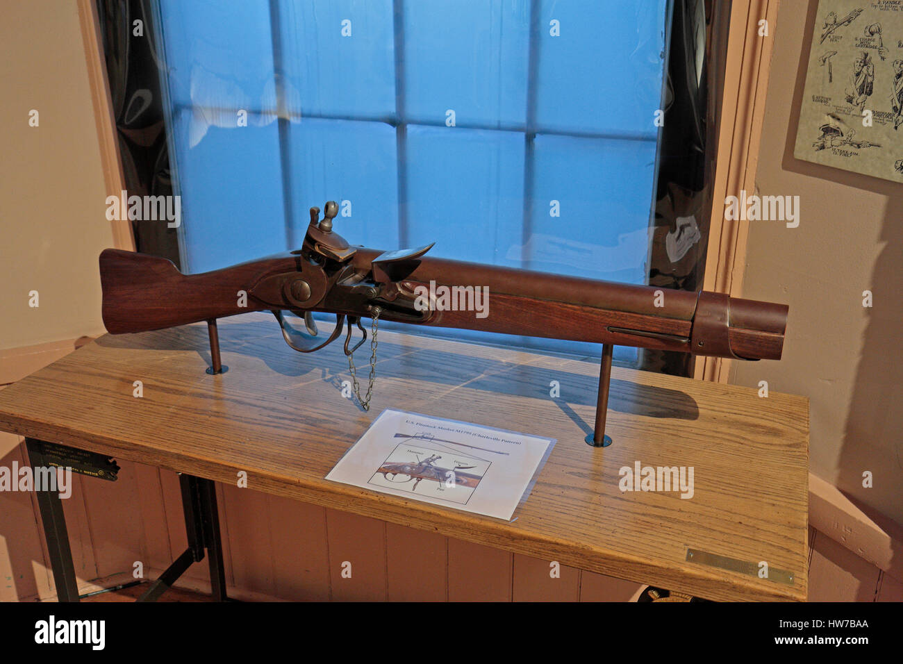Un noi Flintlock moschetto M1795 (Charleville Pattern) sul display in Springfield Armory National Historic Site, Springfield, MA, Stati Uniti. Foto Stock