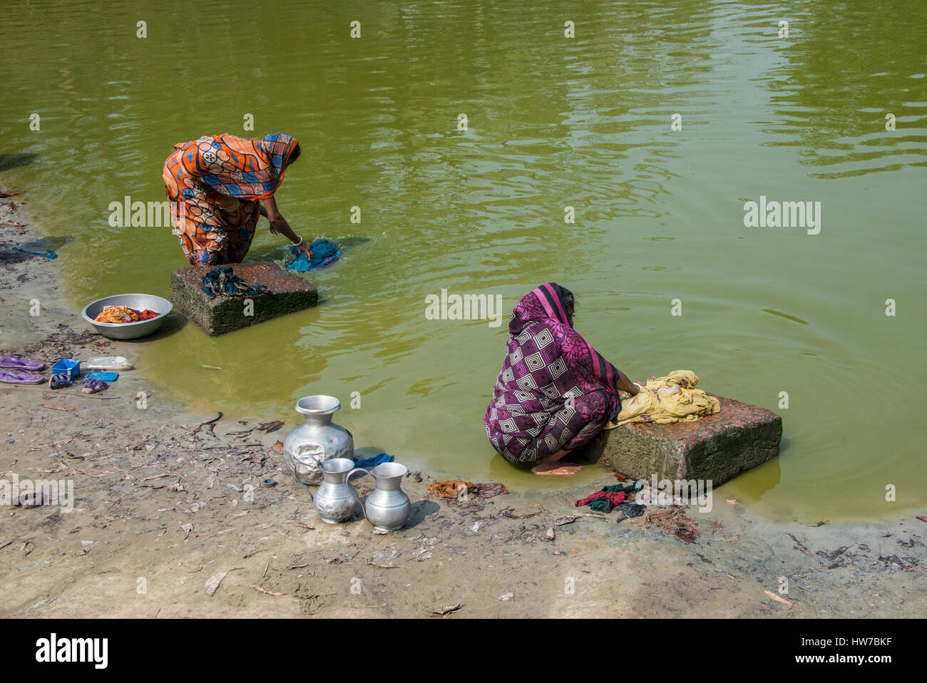 Bangladesh, Chittagong, Distretto di Cox bazar, Maheshkhali Isola (aka Maheshkali, Mahesh Khali, Moheshkhali) Donna in lavaggio sporca stagno verde. Foto Stock