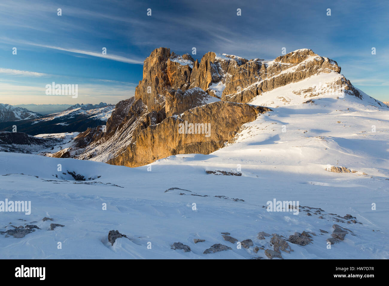 Il gruppo delle Pale di San Martino al tramonto. Le Dolomiti Del Trentino. Alpi Italiane. Europa. Foto Stock