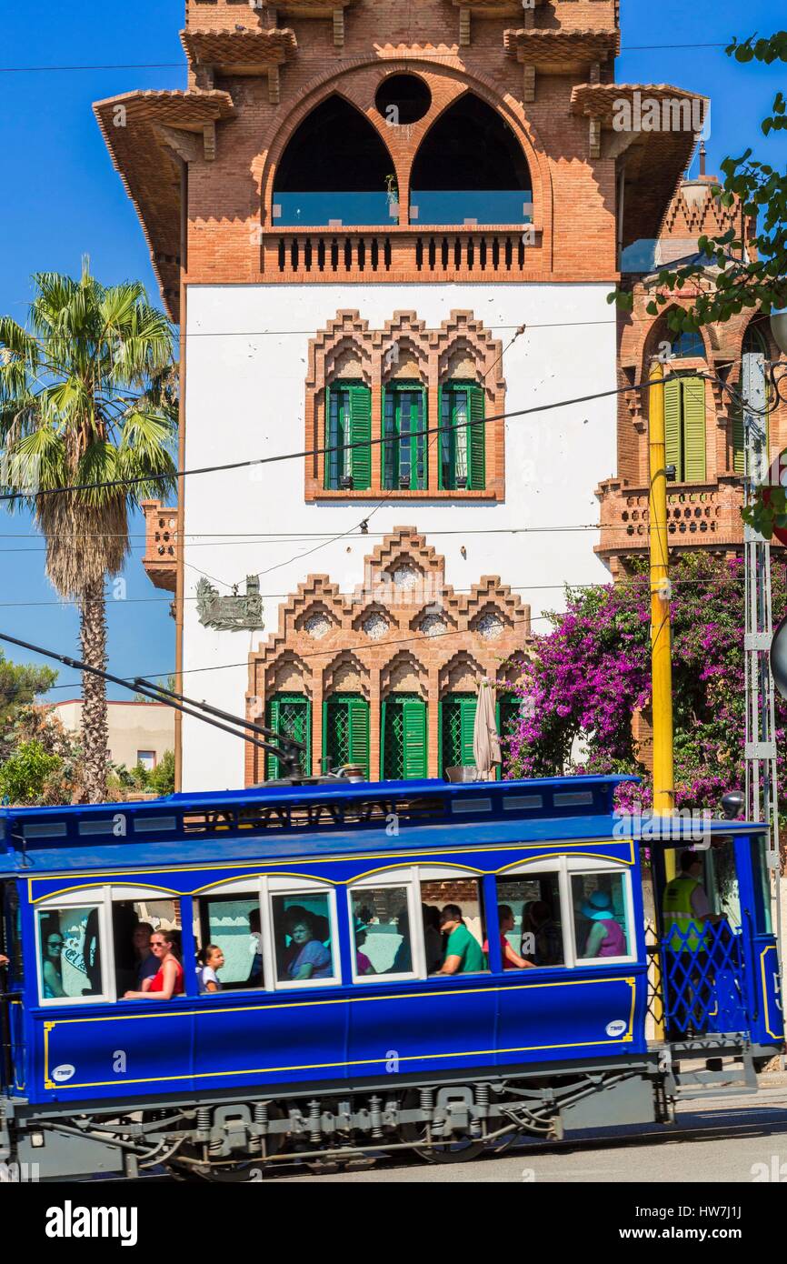 In Spagna, in Catalogna, Barcellona, Sarria-Sant Gervasi, Avenida Tibidabo tram blu (Tramvia Blau) in servizio dal 1901 Foto Stock