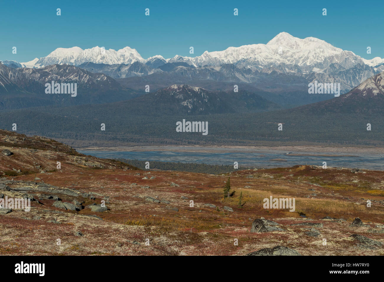 Denali e Mt. Foraker da Kesugi Ridge, Alaska. Foto Stock Denali e Mt. Foraker da Kesugi Ridge, Alaska. Foto Stock
