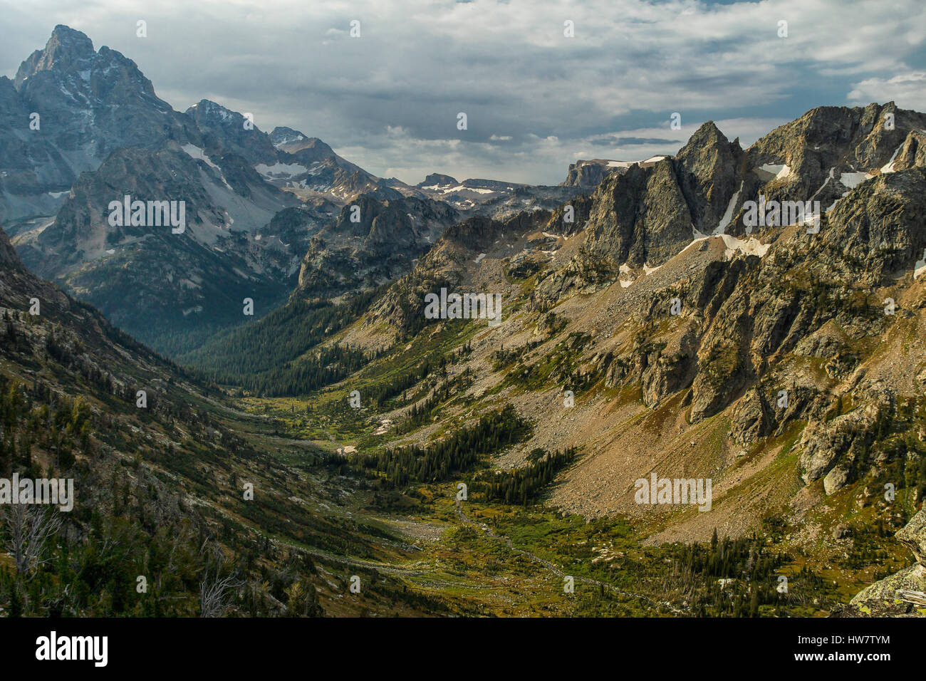Grand Teton e forcella del nord cascata Canyon dal pennello dividere, Grand Teton National Park, Wyoming. Foto Stock