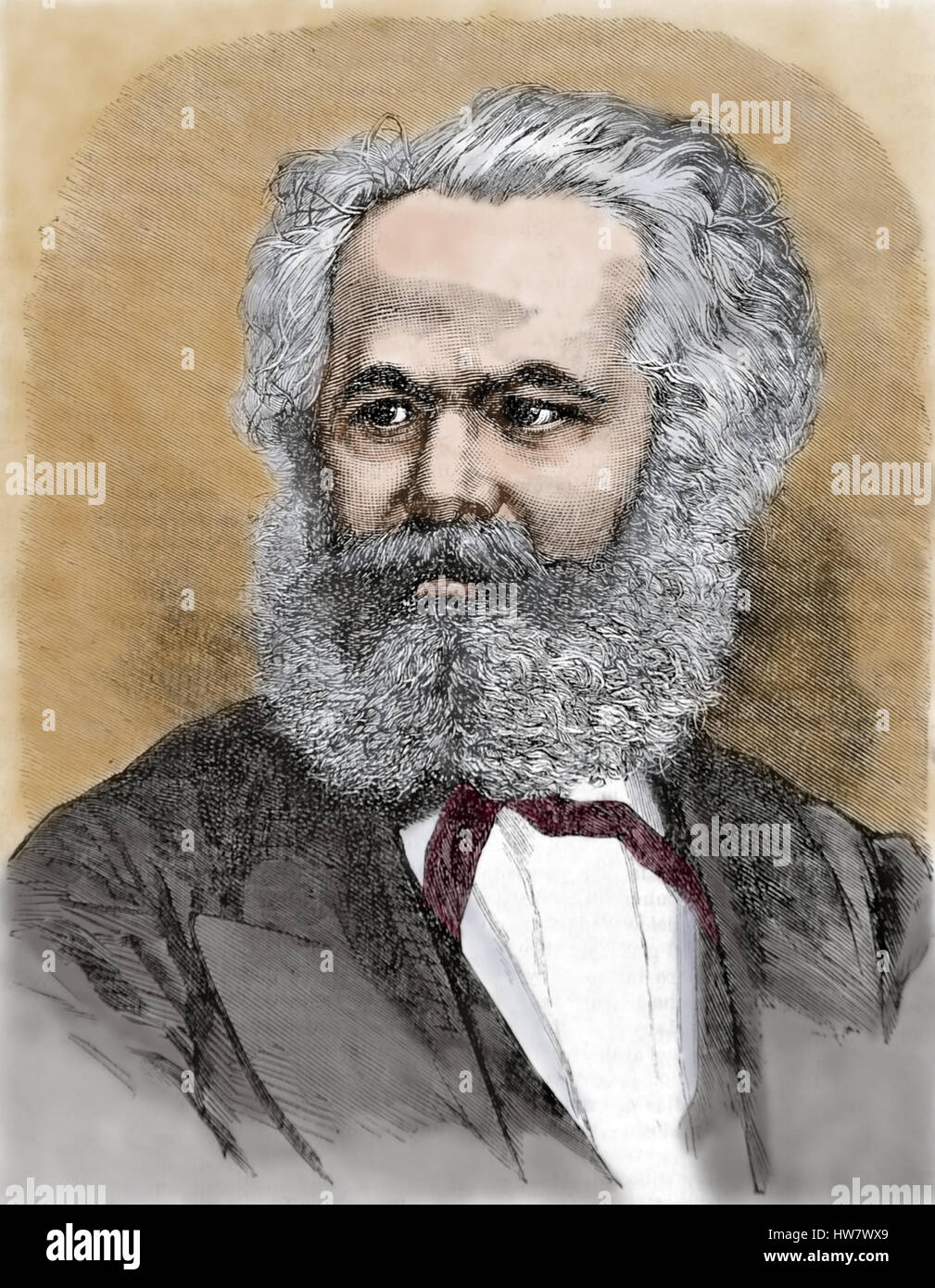 Karl Marx (1818-1883) 19th. Secolo. Economista, Filosofo e socialista rivoluzionario.Il Manifesto comunista. Incisione, successiva colorazione. Foto Stock