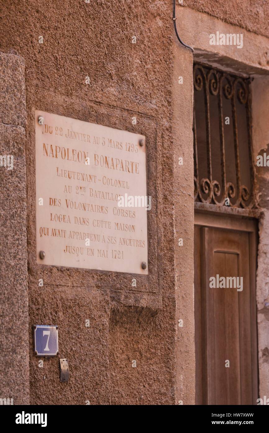 Francia, Corse du Sud, Sud Corsica regione costiera, Bonifacio, Maison Napoleone Bonaparte, casa una volta visitati da Napoleone Foto Stock