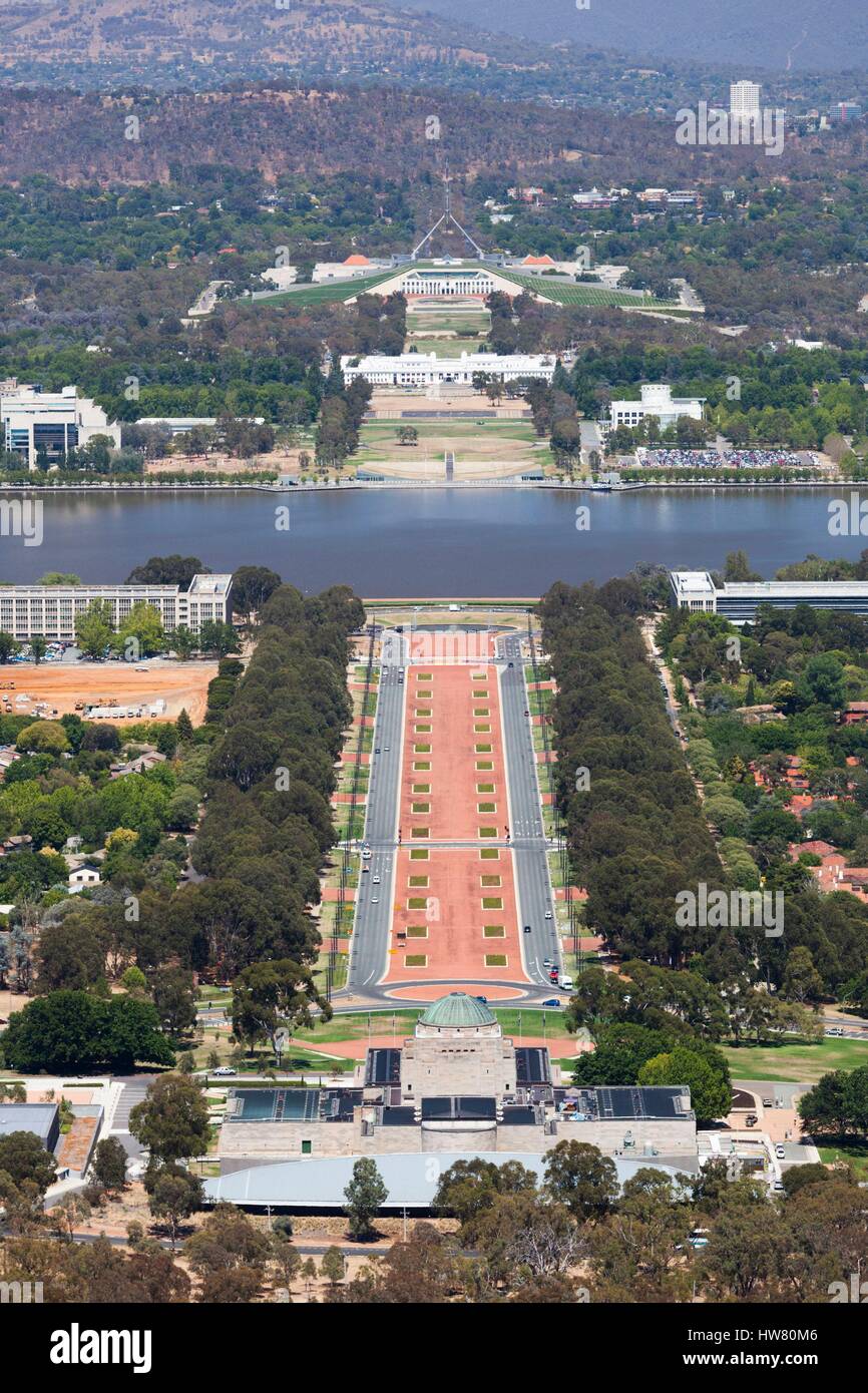 Australia, Territorio della Capitale Australiana, Canberra, la Casa del Parlamento dal Monte Ainslie, vista in elevazione, mattina Foto Stock
