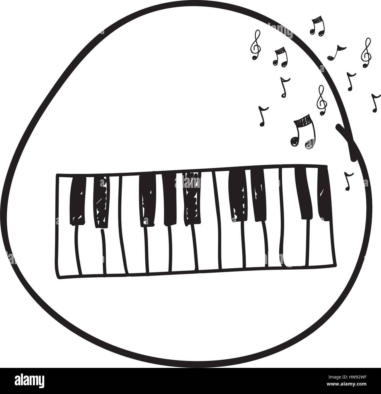 Monocromatico disegno a mano di tastiera di pianoforte in cerchio e note  musicali Immagine e Vettoriale - Alamy