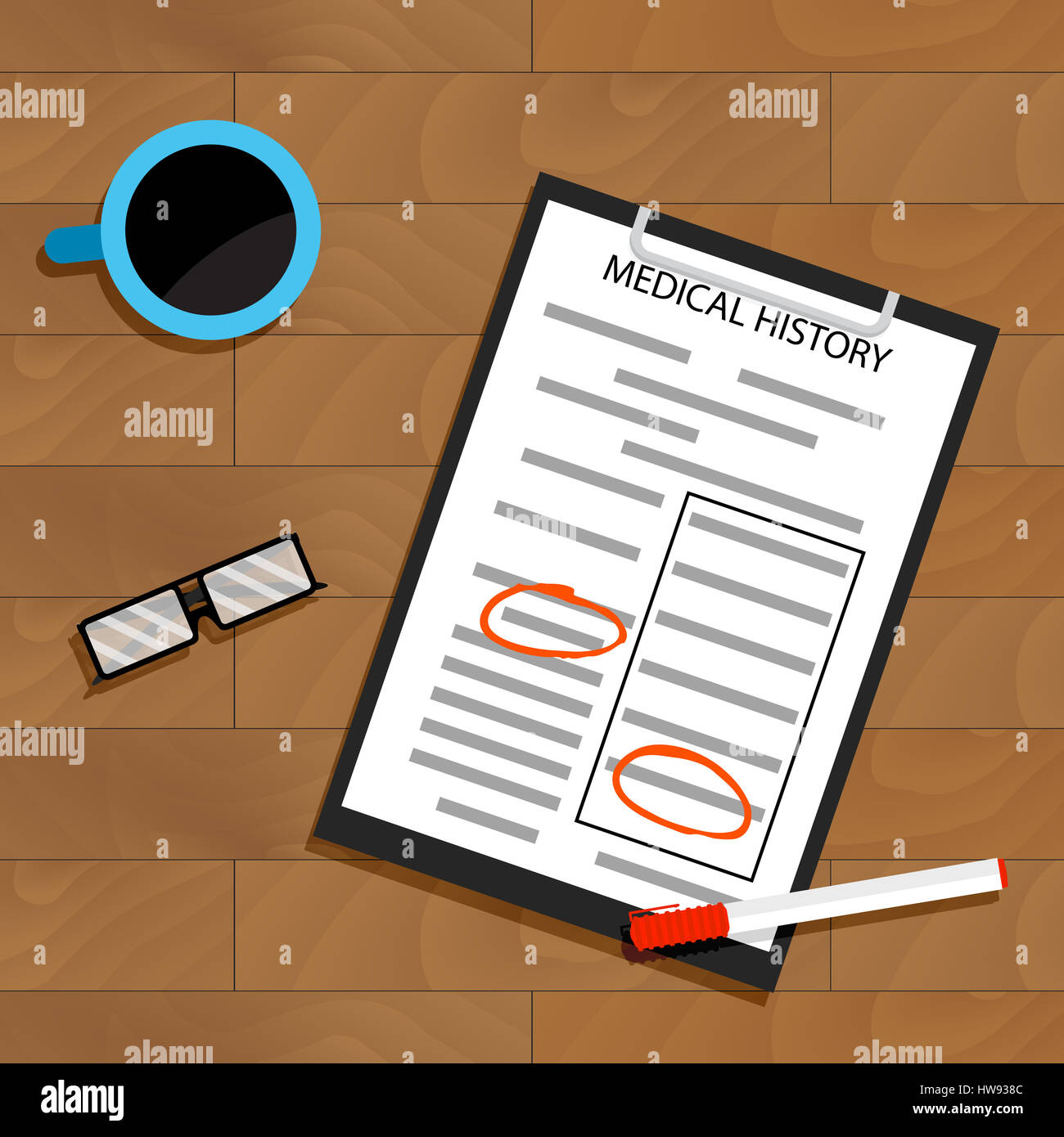 Il trattamento di un paziente la storia medica. Medico scartoffie vista dall'alto. Illustrazione Vettoriale Foto Stock