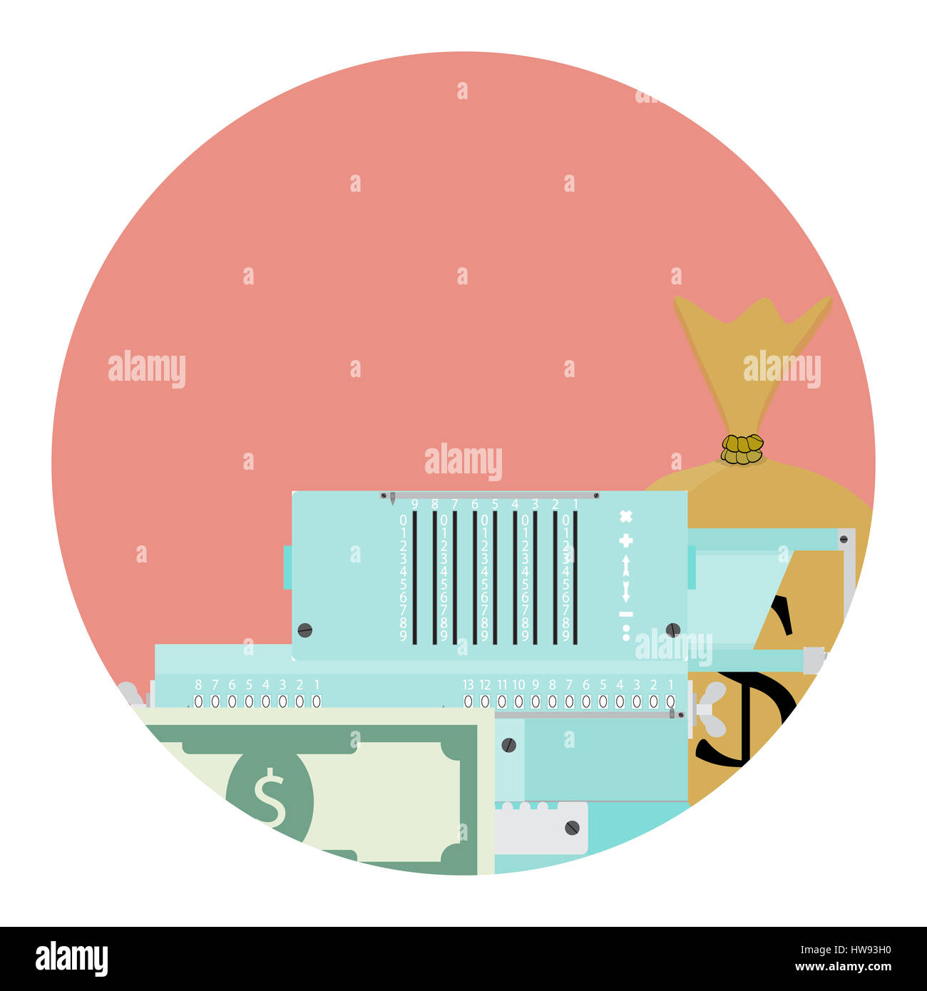 Conte concetto di denaro. Pagare tasse, calcolo bancario illustrazione vettore Foto Stock