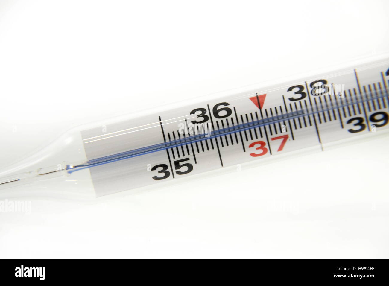 Termometro medico che indica la temperatura 37,8 gradi centigradi isolato  su bianco Foto stock - Alamy