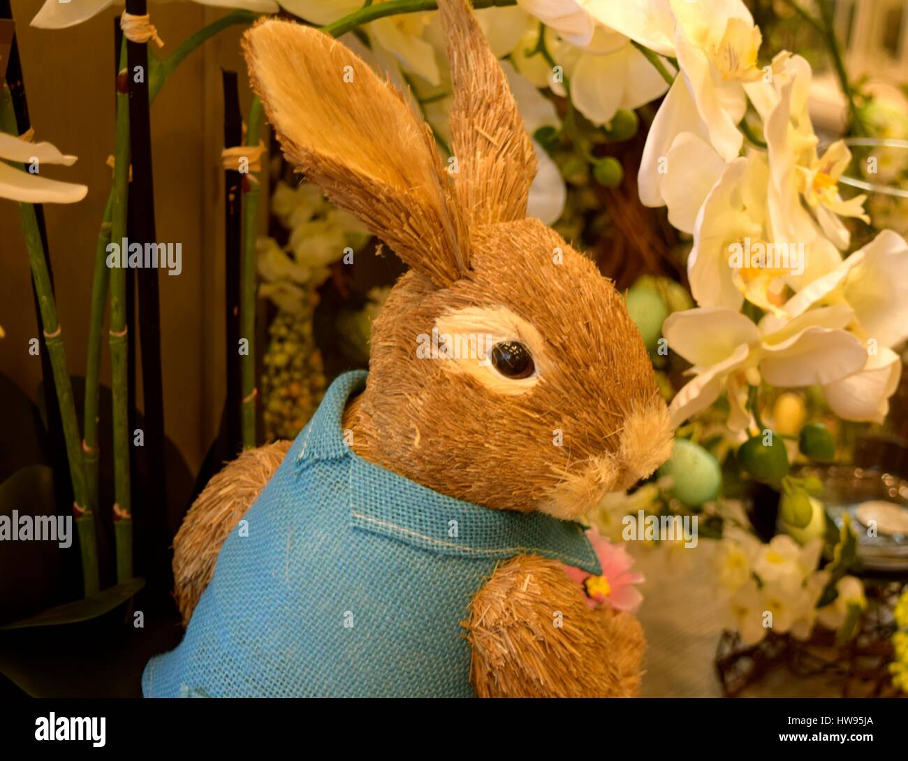 La primavera è in arrivo, coniglietto di Pasqua tra fiori e uova colorate aiutano a celebrare ogni anno budding. Foto Stock