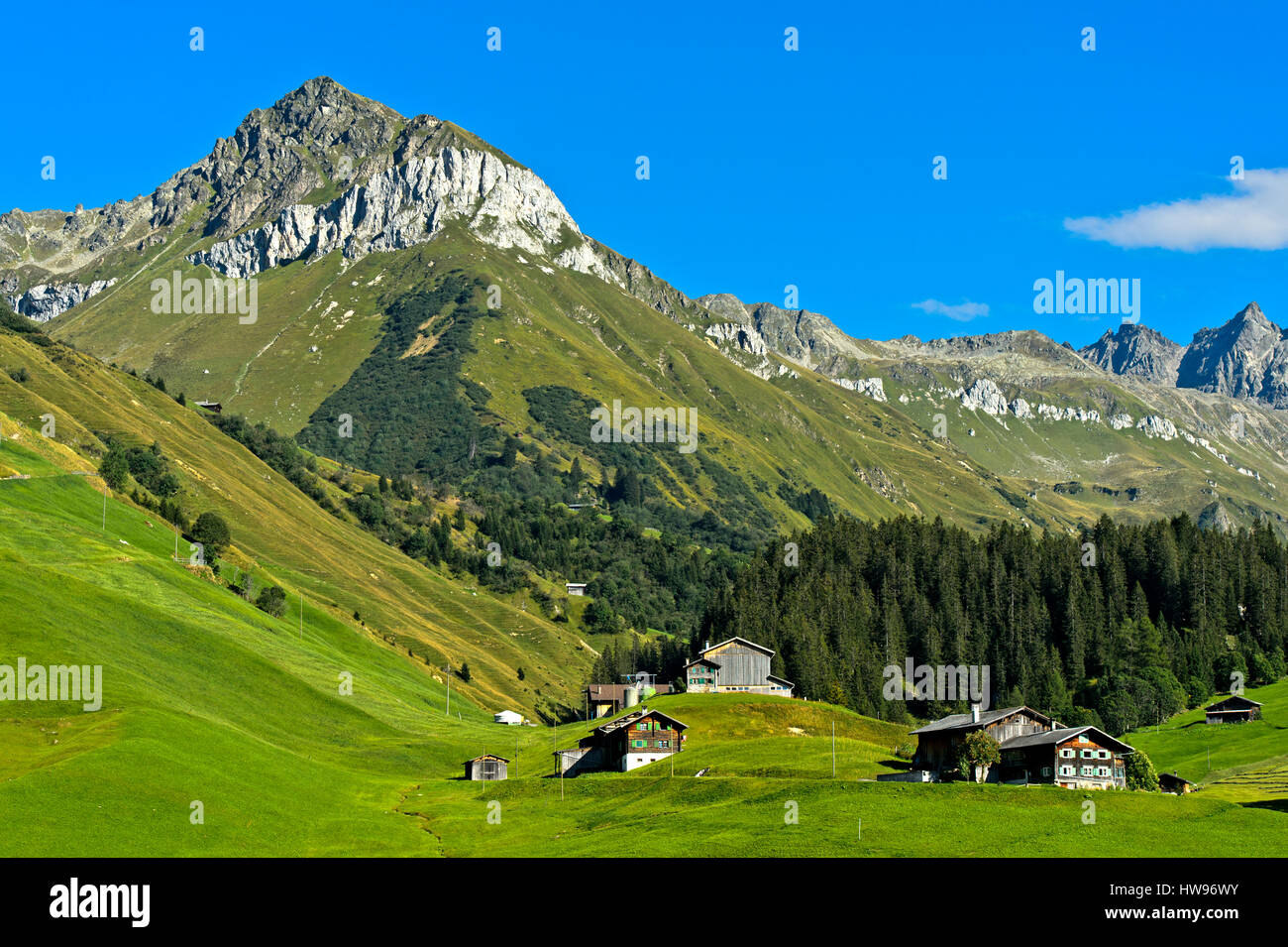 Paesaggio di montagna con insediamenti sparsi nel Prättigau per St. Antönien del Cantone dei Grigioni, Svizzera Foto Stock