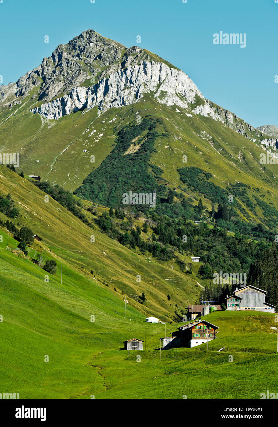 Paesaggio di montagna con insediamenti sparsi nel Prättigau per St. Antönien del Cantone dei Grigioni, Svizzera Foto Stock