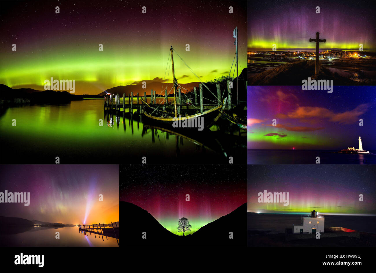 Una immagine composita della Northern Lights o Aurora Boreale, fotografata da Press Association fotografo Owen Humphreys. Foto Stock