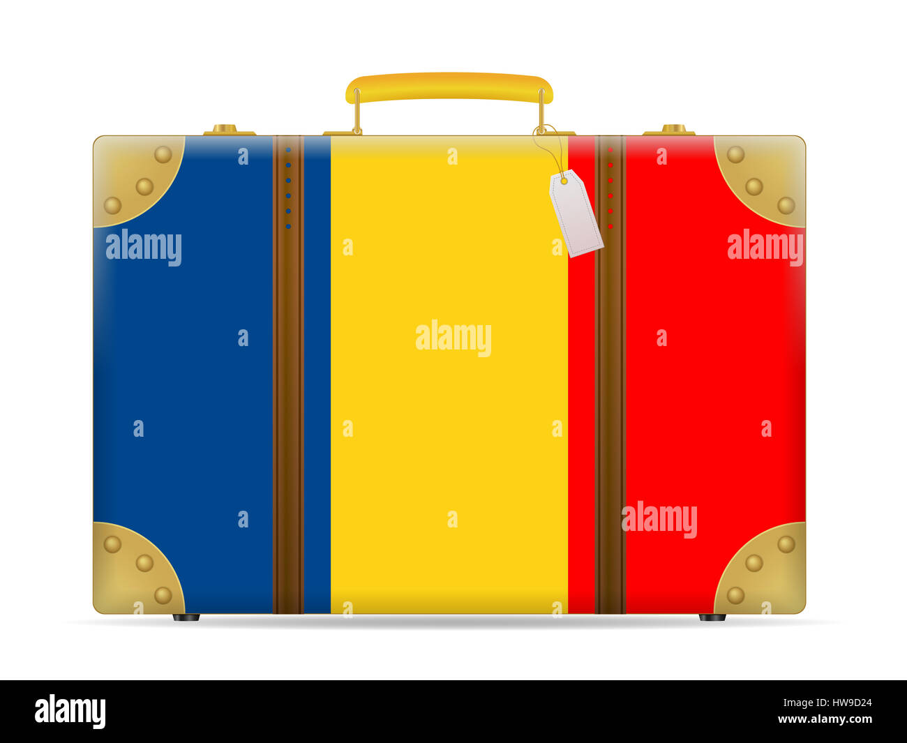 Bandiera della Romania travel valigia su uno sfondo bianco. Foto Stock