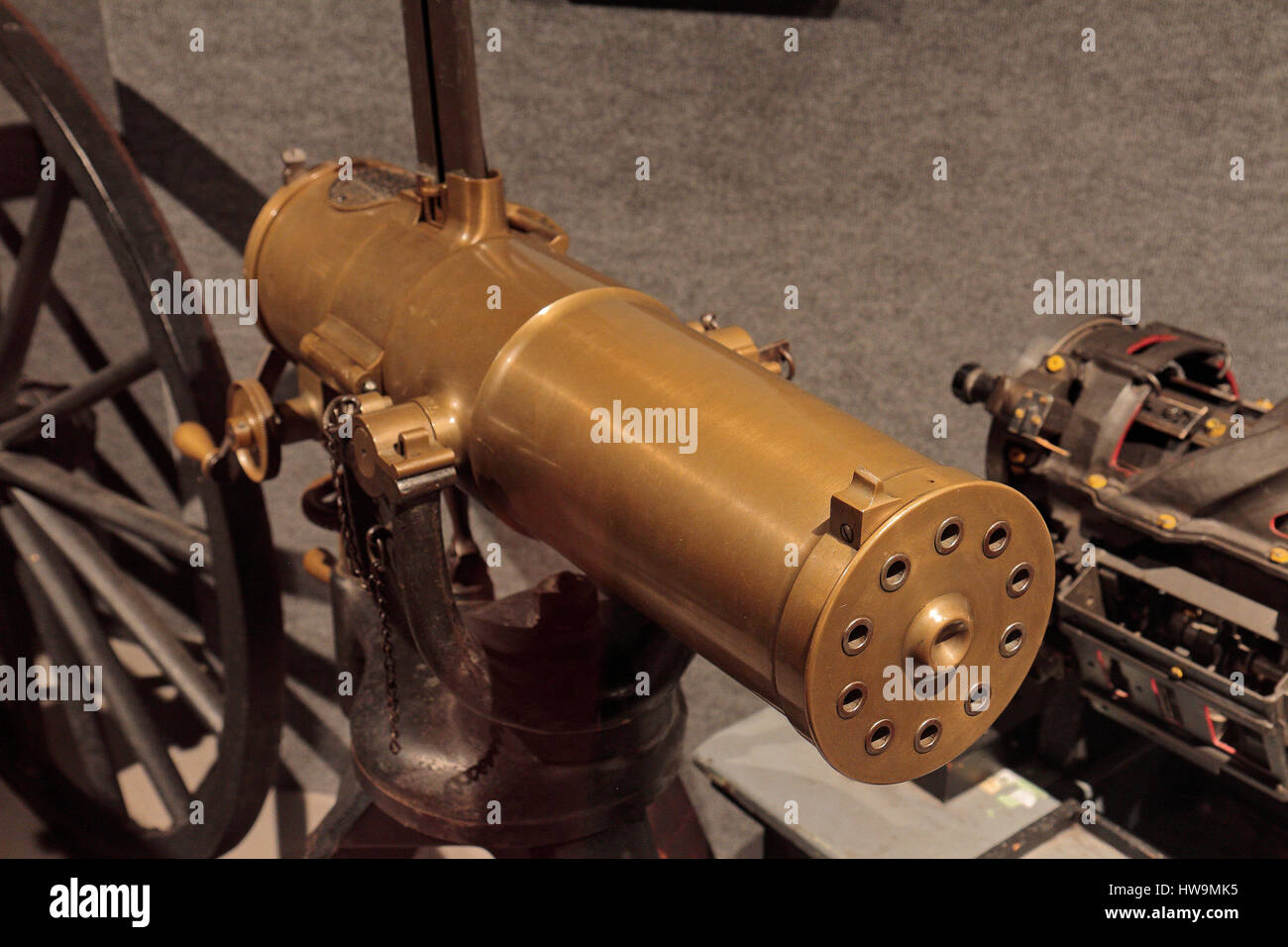 Un Gatling rapid-fire pistola modello 1877 sul display in Springfield Armory National Historic Site, Springfield, MA, Stati Uniti. Foto Stock