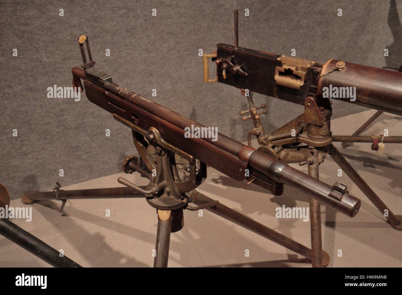 Una Colt-Browning M1895, soprannominato 'potato digger', sul display in Springfield Armory National Historic Site, Springfield, MA, Stati Uniti. Foto Stock