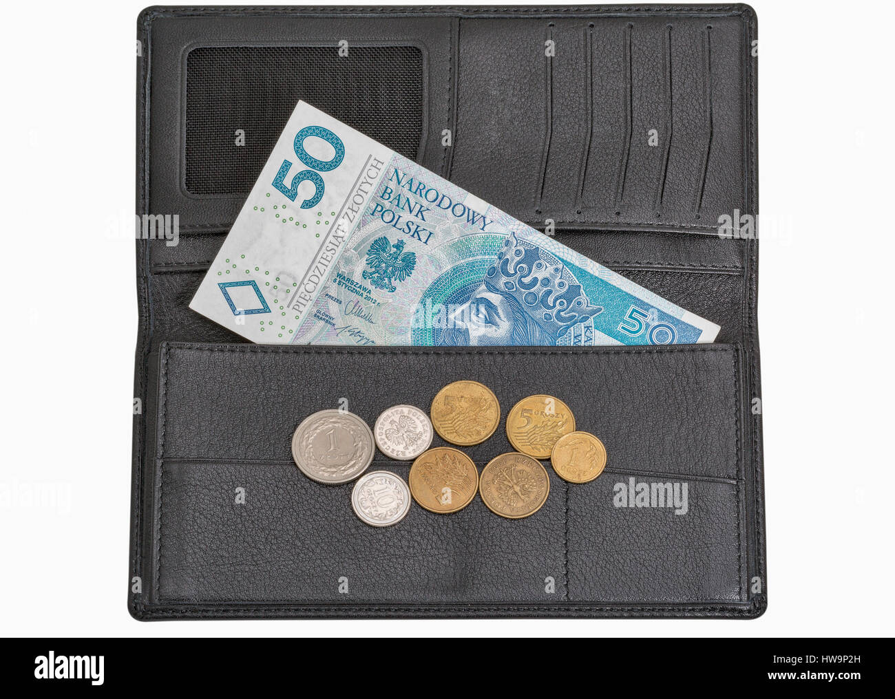 Polish Zloty cinquanta nota e monete in uomo in pelle nero portafogli isolati su sfondo bianco Foto Stock