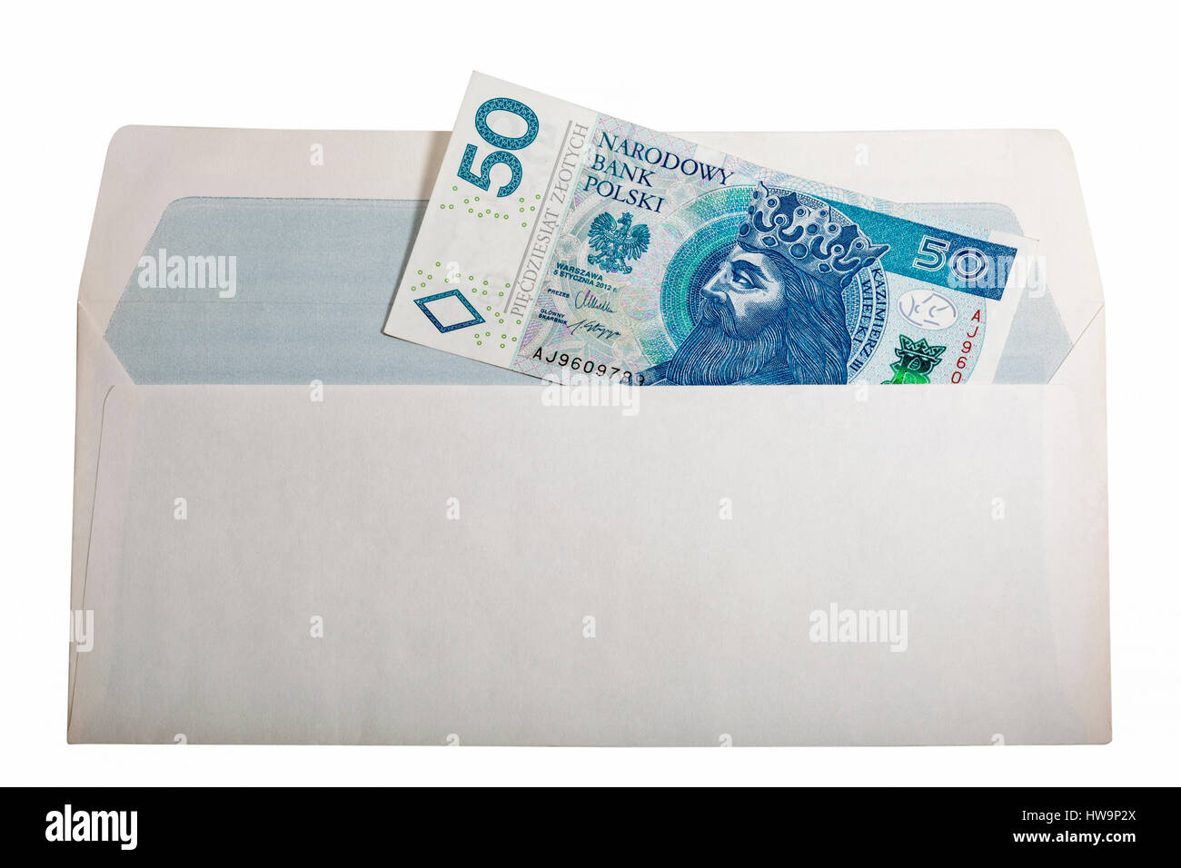 Polish Zloty cinquanta banconota in busta di carta isolato su sfondo bianco closeup con spazio di copia Foto Stock