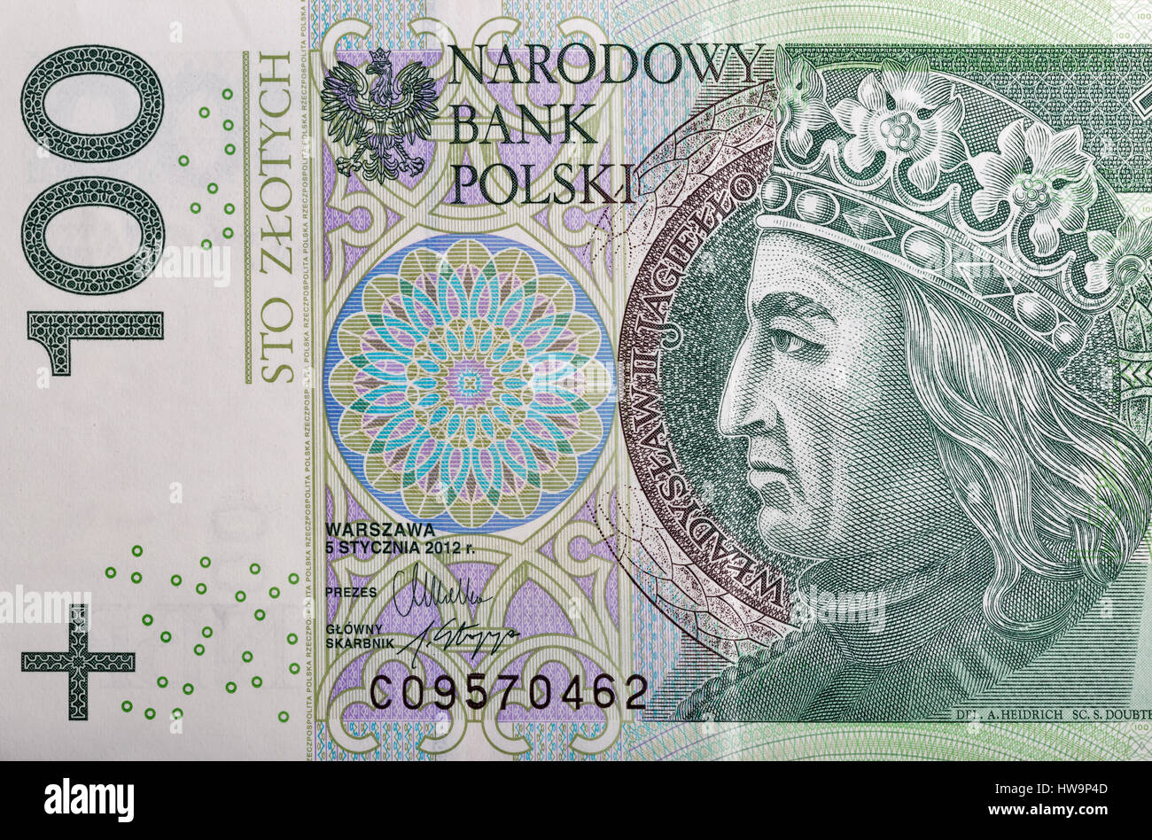 Il polacco denaro bill cento zloty macro con il ritratto del re di Polonia Wladyslaw II Jagiello. Foto Stock
