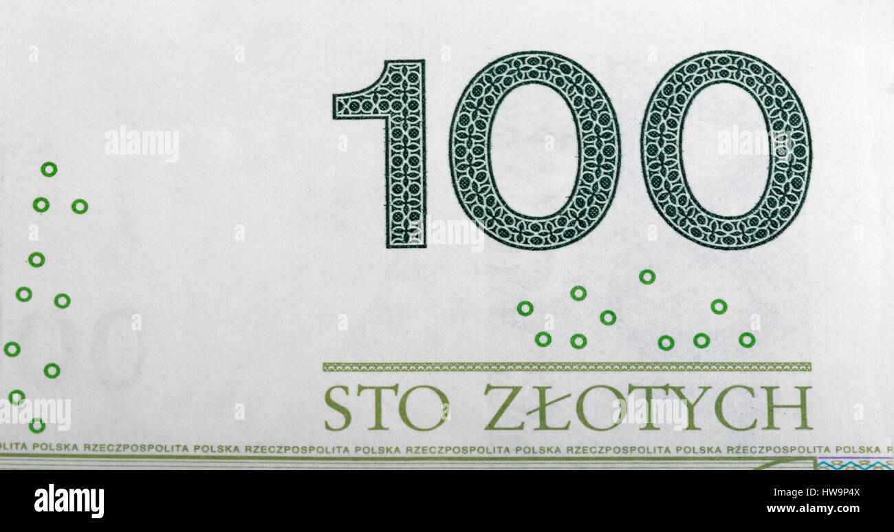 Il polacco un centinaio di Zloty firmare macro Foto Stock