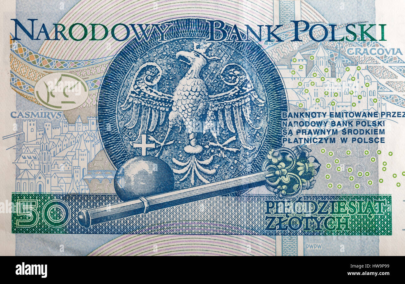 Bianco Aquila dalla guarnizione di tenuta reale di Casimiro III il grande e regalia di Polonia: scettro e globus cruciger sul retro di una cinquantina di zloty banconota mac Foto Stock