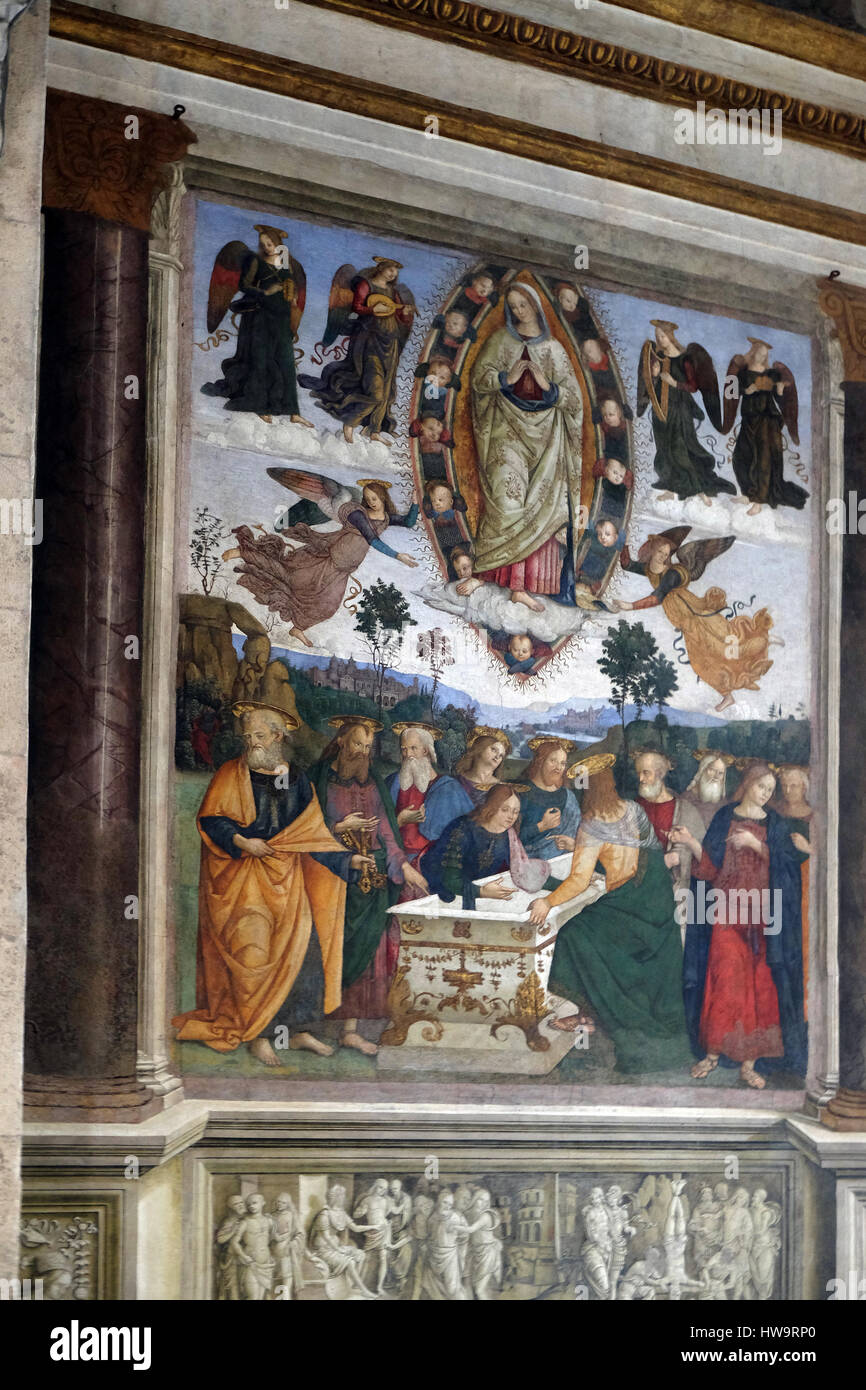 Assunzione della Vergine Maria affreschi del Pinturicchio nella Della Rovere cappella della chiesa di Santa Maria del Popolo, Roma, Italia Foto Stock