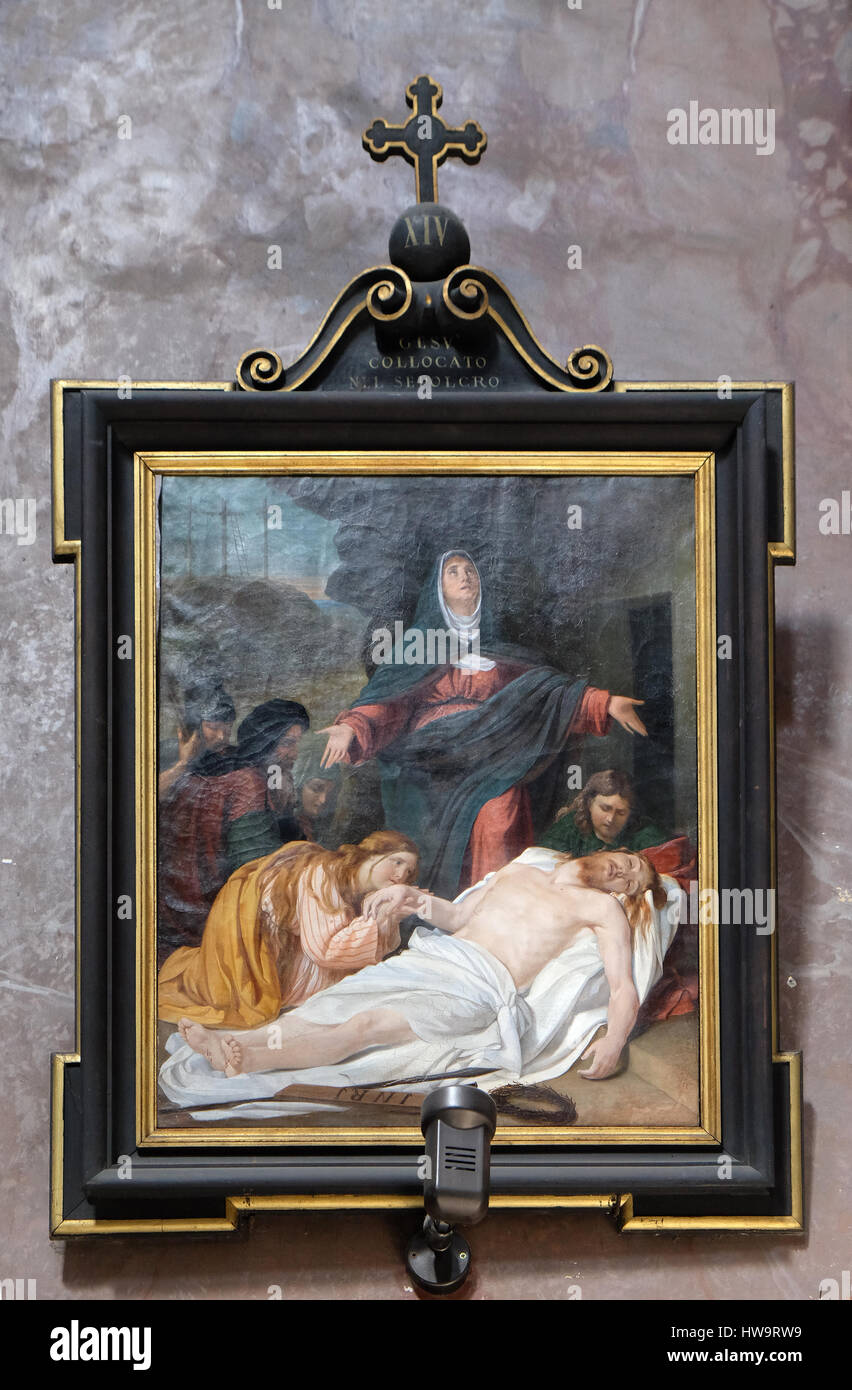 Xiv Stazioni della Croce Gesù è deposto nel sepolcro e coperte di incenso, Chiesa di San Giacomo in Augusta in Roma, Italia Foto Stock