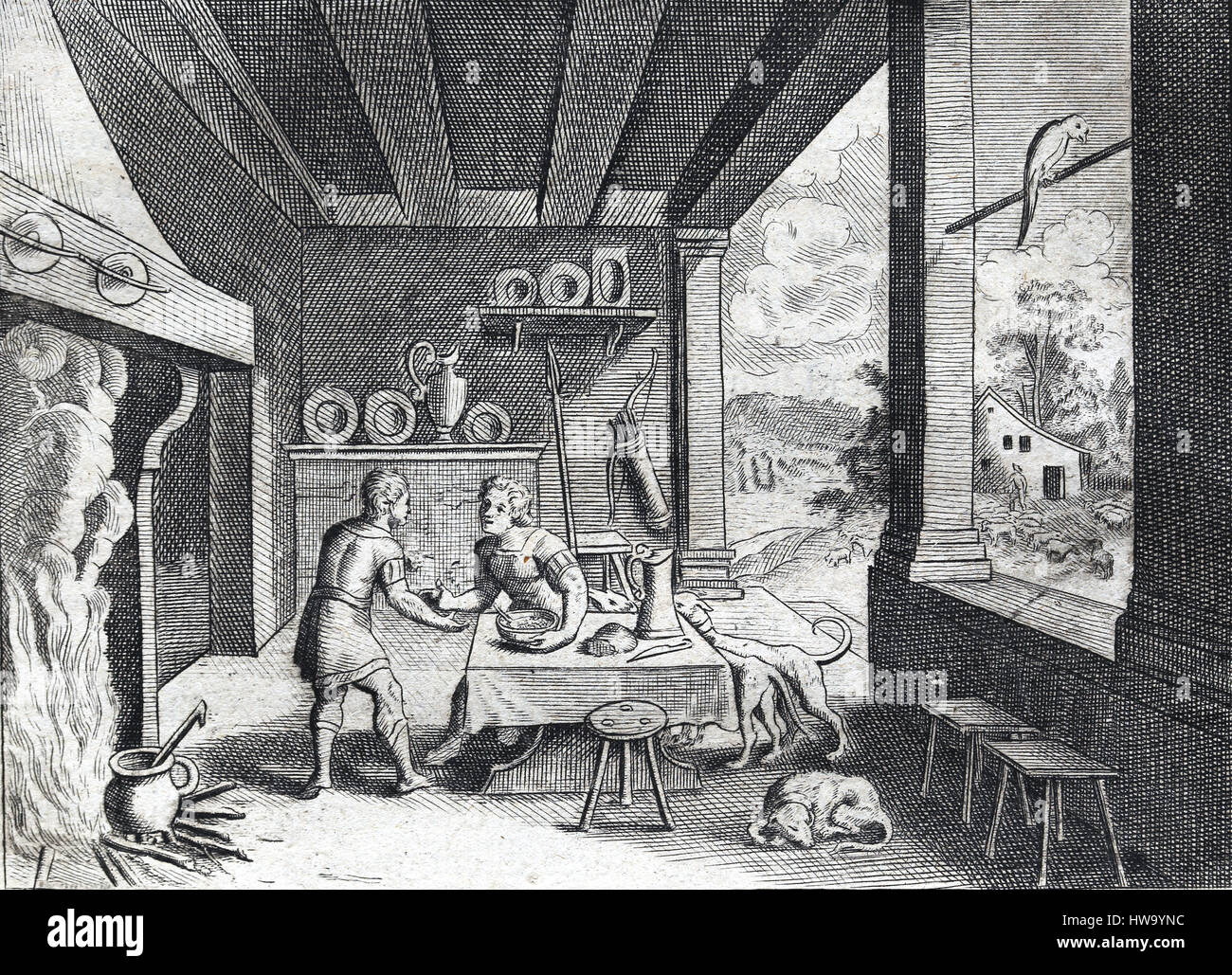 Scena biblica. Esaù vende il suo diritto di primogenitura a Giacobbe in cambio di un alimento. Il Vecchio Testamento. Incisione del XVIII secolo. Foto Stock