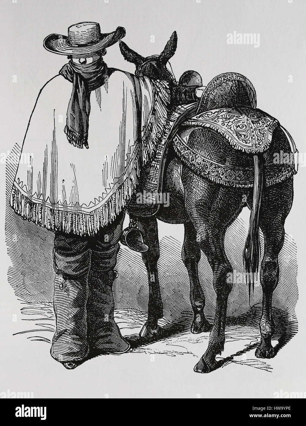 Tipici peruviani traveler con cavallo. Abito tradizionale. Intorno al 1845, XIX secolo. Incisione, illustrazione. Foto Stock