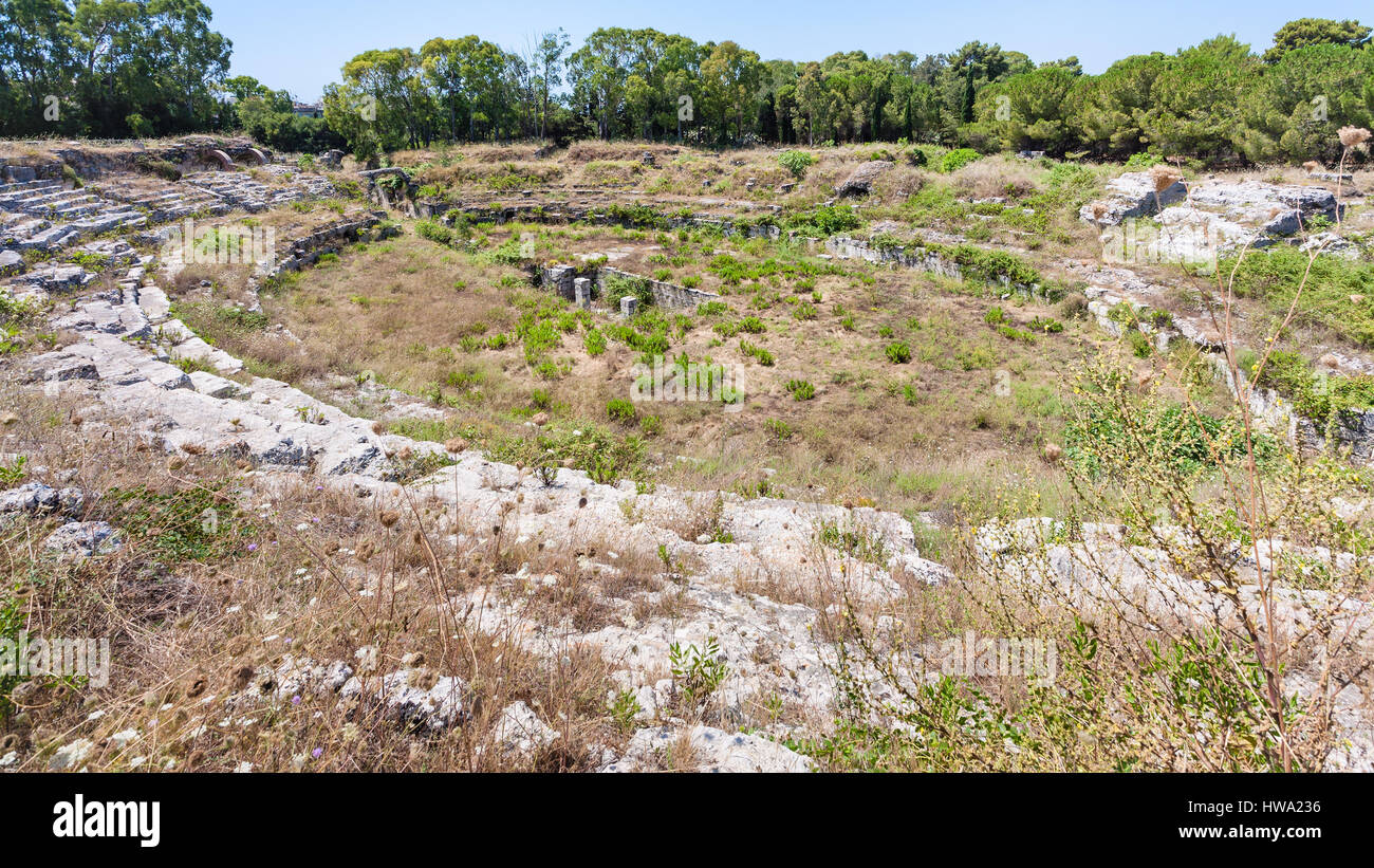 Viaggiare in Italia - anfiteatro romano (Anfiteatro romano di Siracusa) nel Parco Archeologico (Parco Archeologico della Neapolis) di Siracusa città in Si Foto Stock