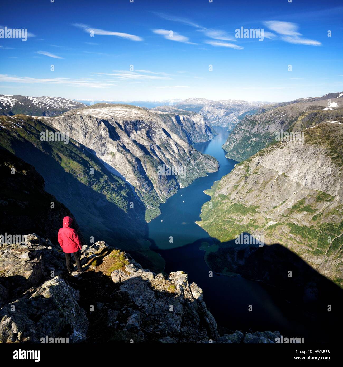 Norvegia Sogn og Fjordane, Aurland, Sognefjord, Naeroyfjord, classificato come patrimonio mondiale dall UNESCO, vista dal vertice di Bakkanosi (1400m) Foto Stock