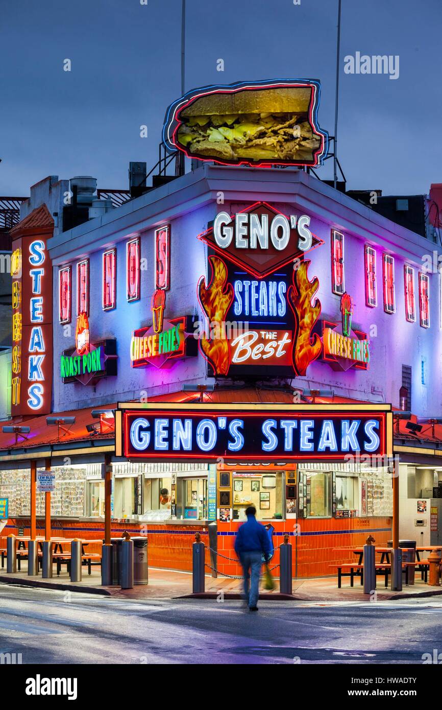 Stati Uniti, Pennsylvania, Philadelphia, South Philadelphia, Area italo-americano, Geno di bistecche, leggendario cheese steak shop, alba Foto Stock