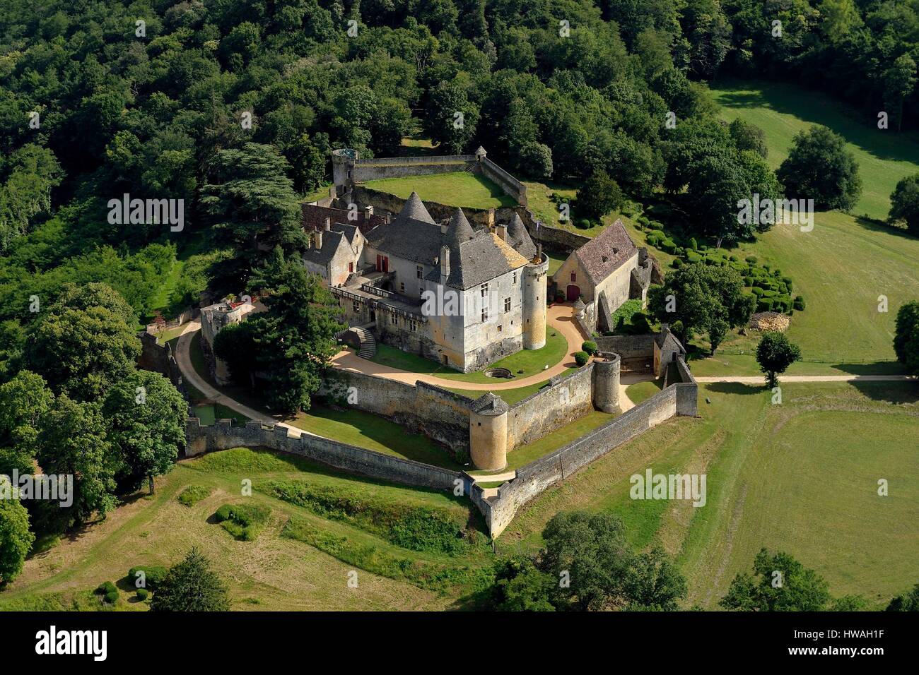 Francia, Dordogne, Perigord Noir, Valle della Dordogna, Sainte mondane, Fenelon CASTELLO (vista aerea) Foto Stock