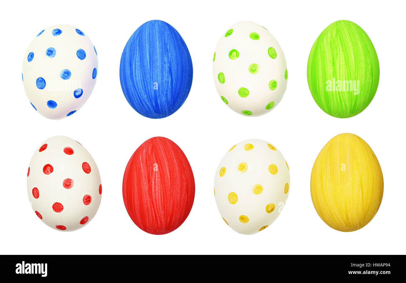 Set di cololrful uova di Pasqua isolato su bianco Foto Stock
