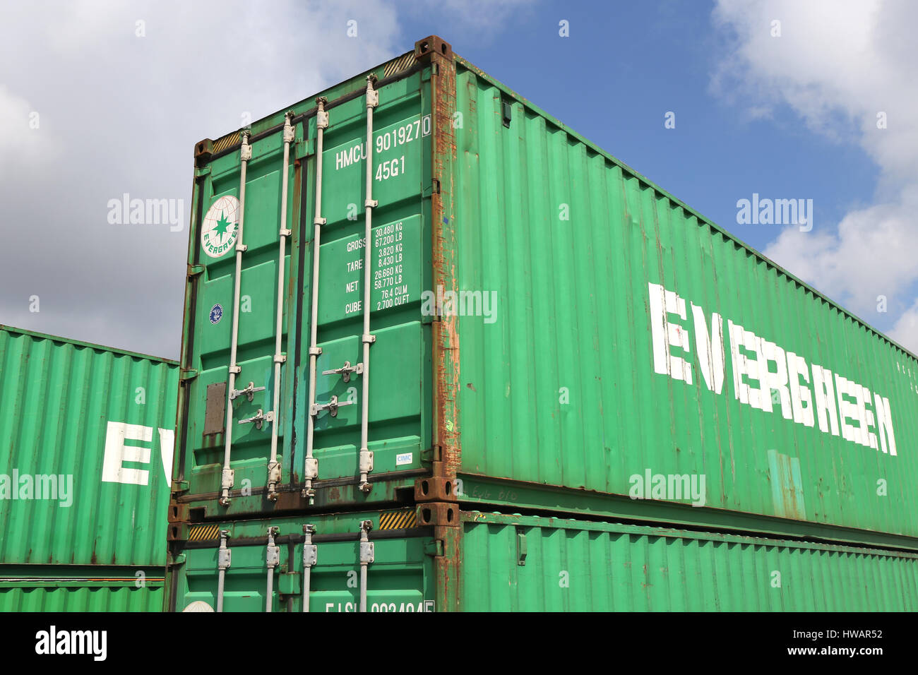 Evergreen 40 ft contenitore intermodale. Evergreen con sede a Taiwan è un global container trasporto merci-società di spedizione. Foto Stock