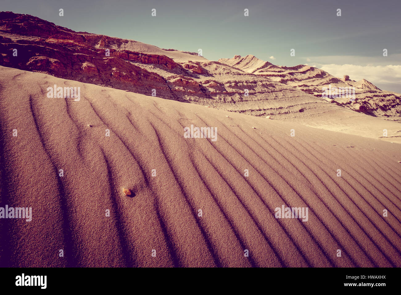 Le dune di sabbia del paesaggio in Valle de la Luna, San Pedro de Atacama, Cile Foto Stock