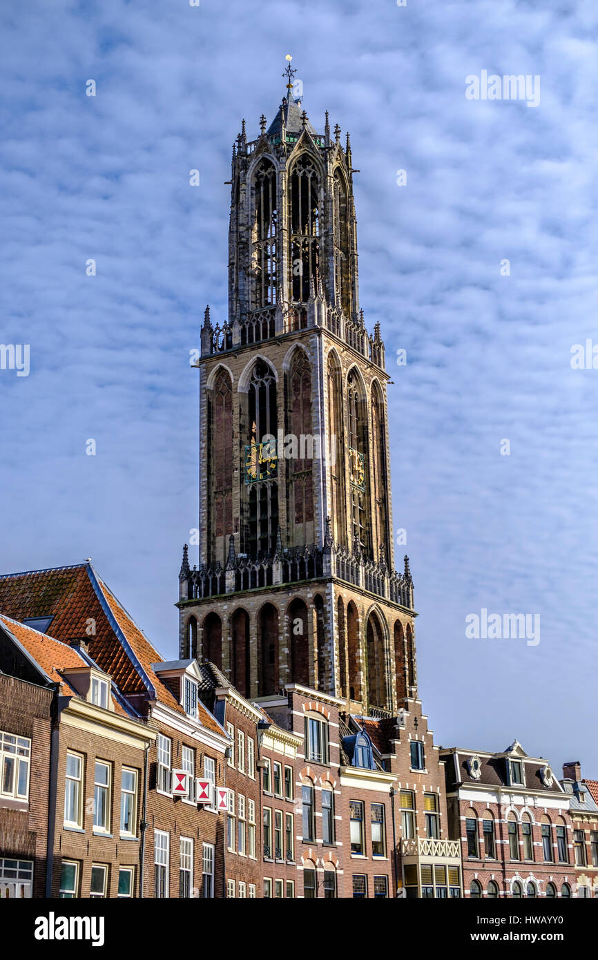 La torre della cattedrale Dom sopra una fila di case storiche di Utrecht, Paesi Bassi Foto Stock
