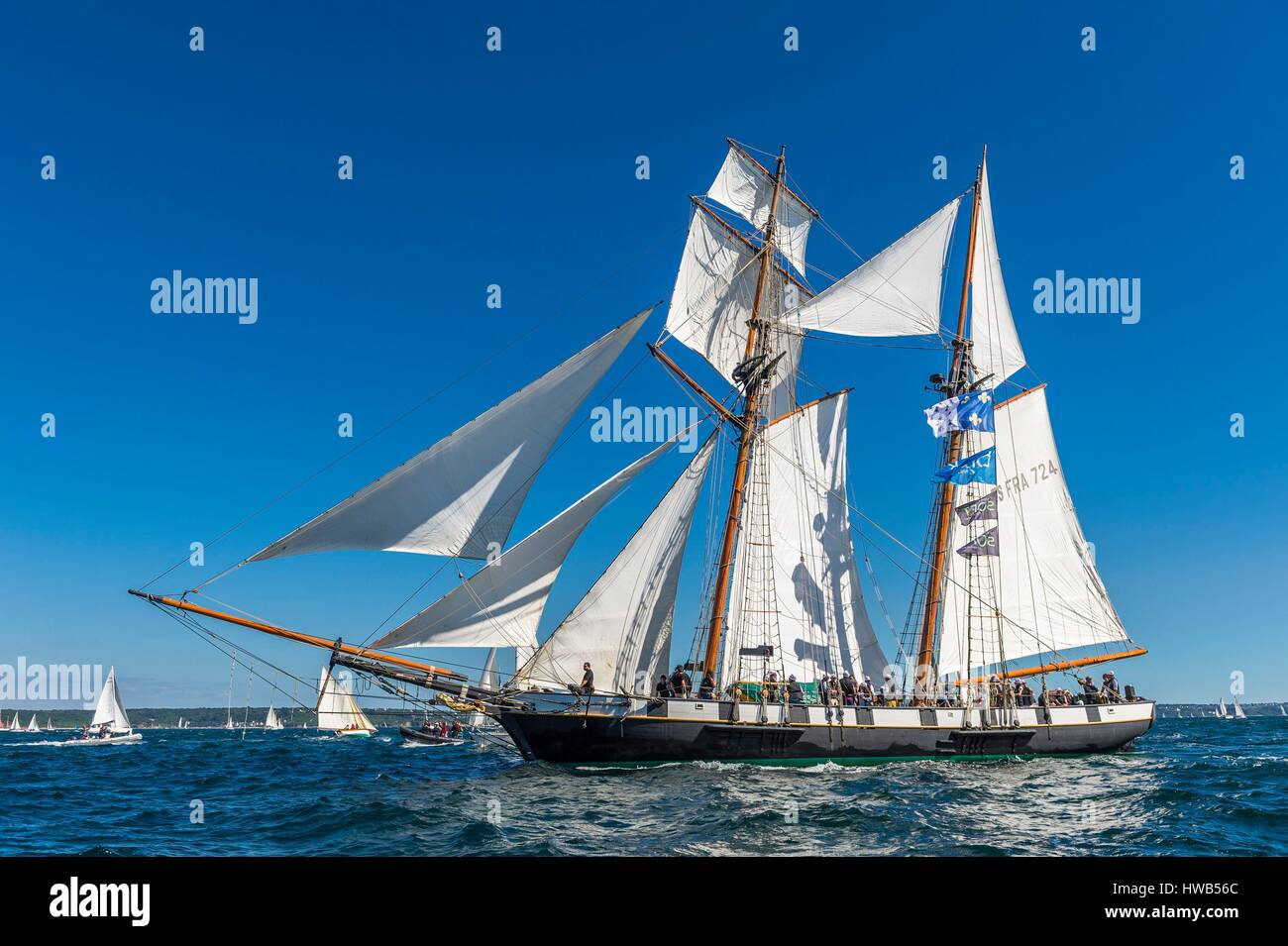 Francia, Finisterre, Brest, Brest 2016 International Maritime Festival, grande raduno di imbarcazioni tradizionali provenienti da tutto il mondo, ogni quattro anni per una settimana la Recouvrance è una replica gaff truccate goletta, ambasciatore in barca e di proprietà della città di Brest Foto Stock