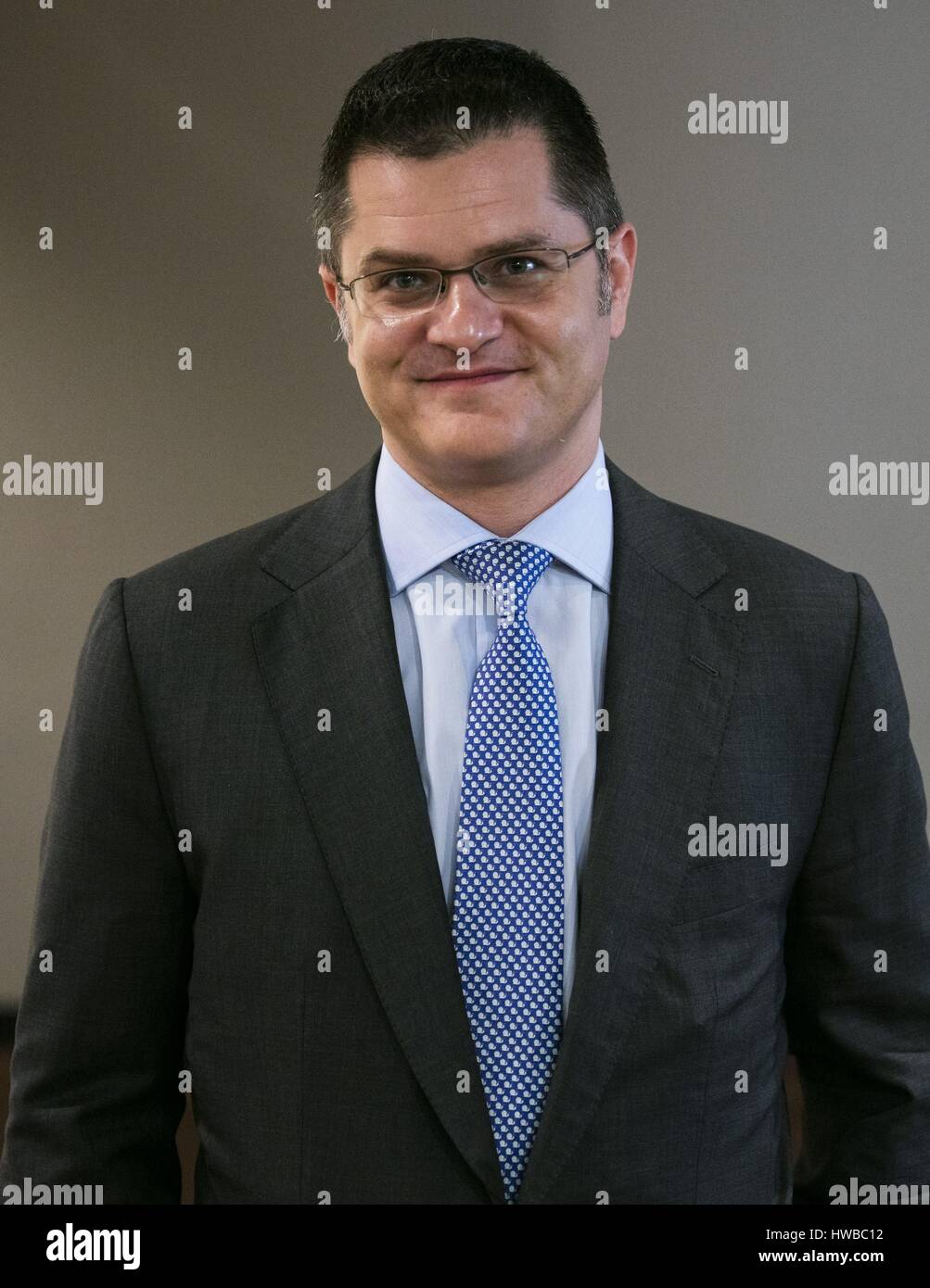 Nazioni Unite, New York, Stati Uniti d'America, 28 Luglio 2016 - Vuk Jeremic, ex ministro degli Affari esteri della Repubblica di Serbia e l ex Presidente dell Assemblea Generale delle Nazioni Unite, parla con i giornalisti per quanto riguarda la sua candidatura per il Segretario Generale dell ONU Posizione di oggi presso la sede delle Nazioni Unite a New York. Foto: Luiz Rampelotto/EuropaNewswire | Utilizzo di tutto il mondo Foto Stock