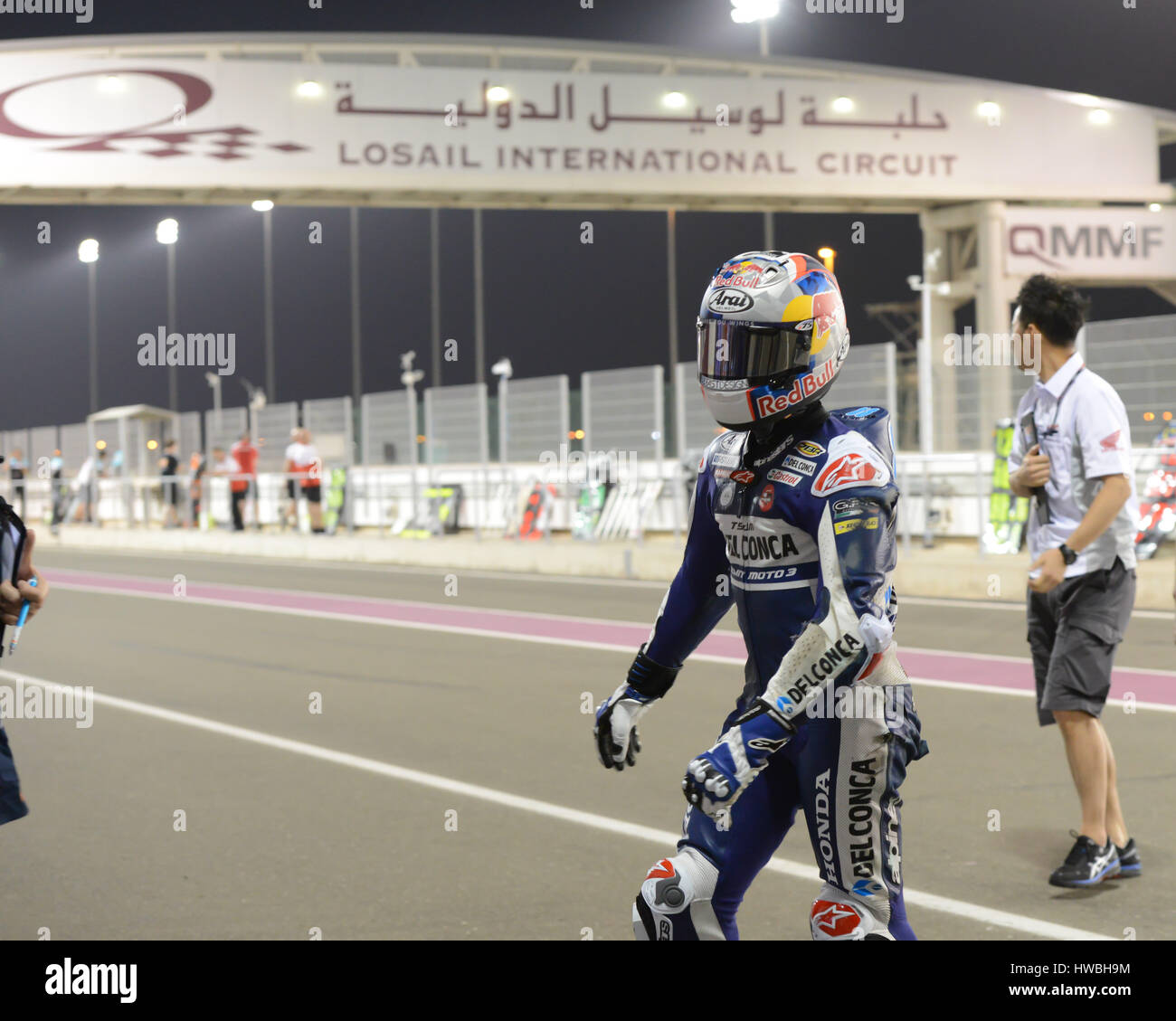 Circuito di Losail, in Qatar. Xix Mar, 2017. Jorge Martin che corre in Honda durante la notte finale del Qatar Moto 3 in prova sul Circuito Internazionale di Losail. Credito: Gina Layva/Alamy Live News Foto Stock