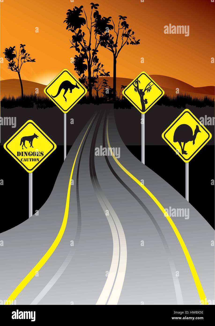 Della segnaletica stradale australiana di fianco alla strada al tramonto Illustrazione Vettoriale