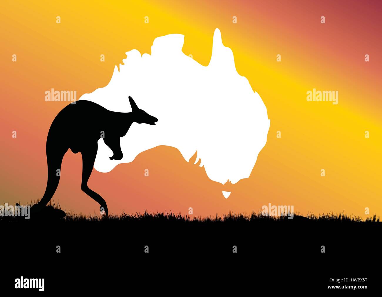 Mappa di Australia con su kangaroo in primo piano Illustrazione Vettoriale