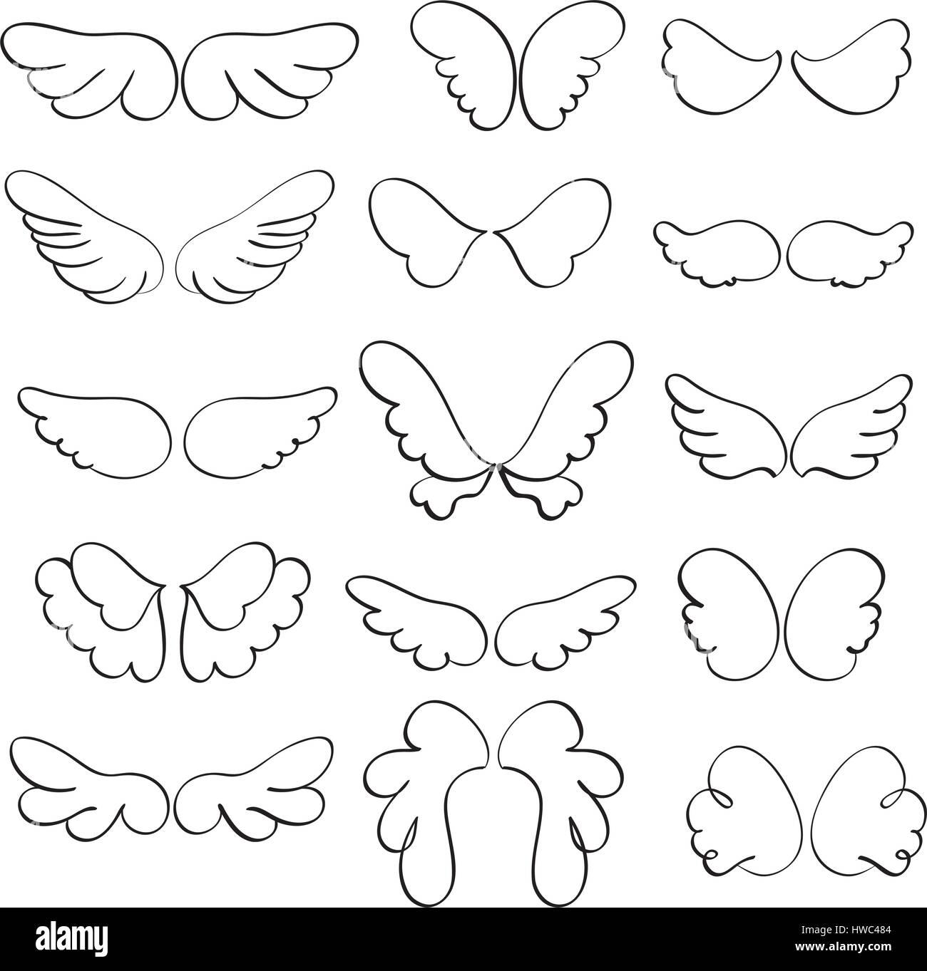 Set di ali d'angelo su uno sfondo bianco. Calligraphy illustrazione vettoriale EPS10 Illustrazione Vettoriale