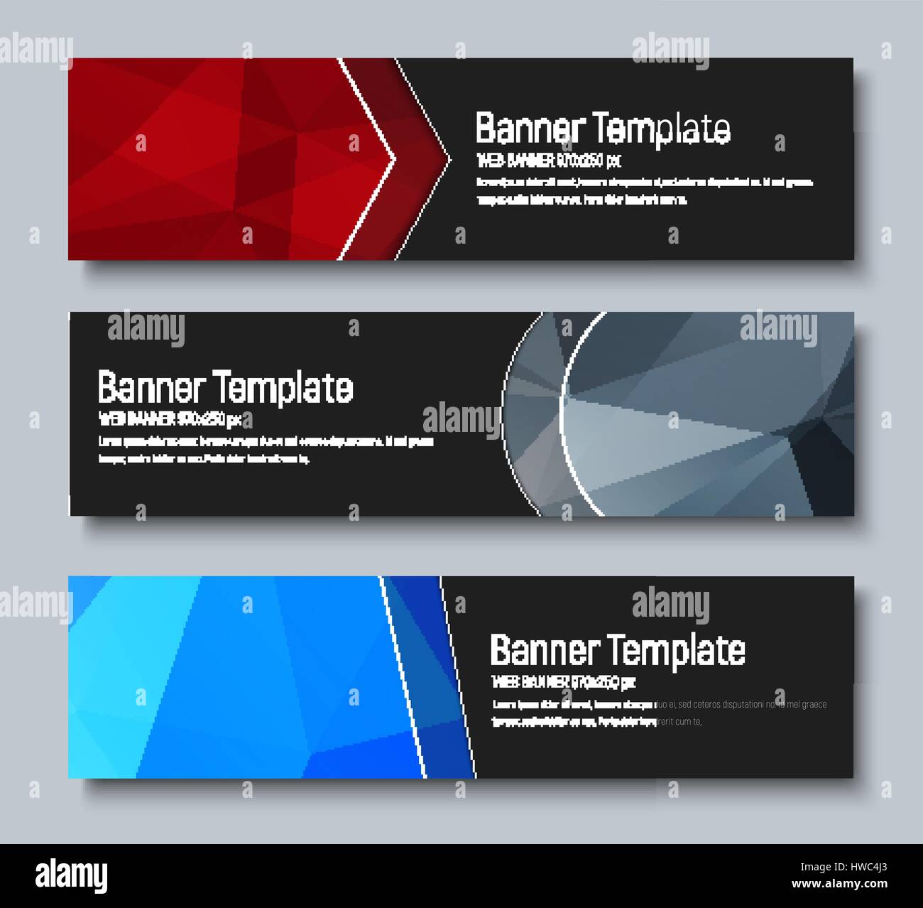 Progettazione di Banner orizzontale con dimensioni standard. Modello di sfondo astratto poligono e forme geometriche. Set. Illustrazione Vettoriale Illustrazione Vettoriale