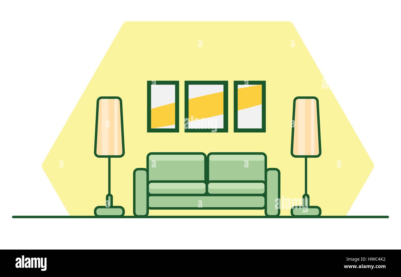 Interni in stile piatto con un divano verde, lampade e dipinti sulla parete gialla. Il modello per il banner, Heather, brochure o volantini, Vector illustrat Illustrazione Vettoriale