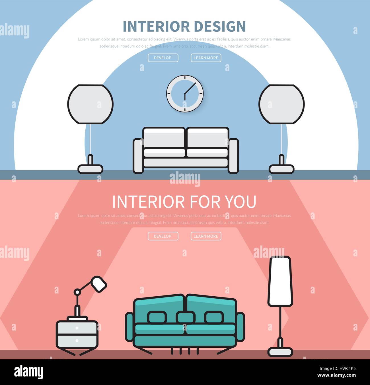 I modelli di sito web testata, con interni dal design in stile appartamento, rosso e blu, con un divano, Lapp e ore. Banner con il testo e i pulsanti. Vettore i Illustrazione Vettoriale
